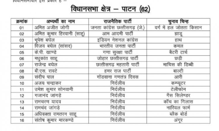 दुर्ग जिले में 93 अभ्यर्थी चुनावी मैदान में, 11 ने लिए नाम वापस, किसी को सेव तो किसी को मिला रोटी का चिन्ह, देखें लिस्ट