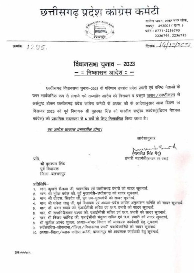 पूर्व विधायक बृहस्पत सिंह और विनय जायसवाल कांग्रेस पार्टी से 6 साल के लिए निष्कासित