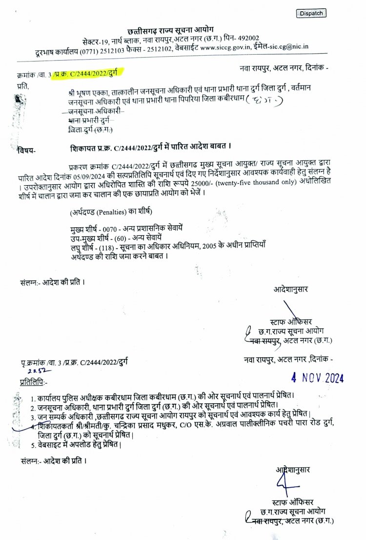 दुर्ग थाना प्रभारी व जनसूचना अधिकारी पर सूचना आयोग ने लगाया 50 हजार रुपए का जुर्माना