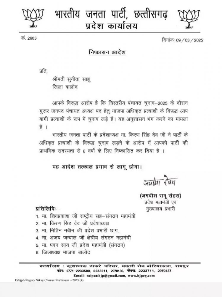 बीजेपी के इस नेत्री को पार्टी ने 6 साल के लिए किया निष्कासित