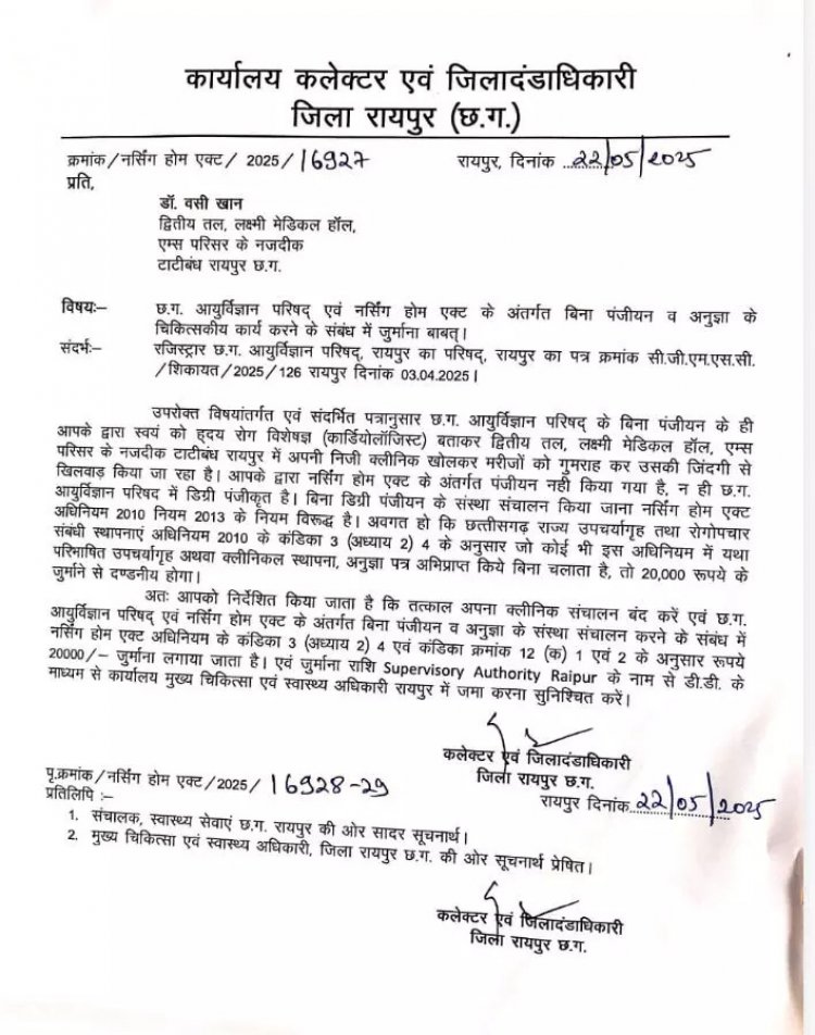 फर्जी कार्डियोलॉजिस्ट डॉक्टर क्लीनिक खोलकर कर रहा था लोगों का इलाज, कलेक्टर ने डॉ. वसी खान पर लगाया जुर्माना