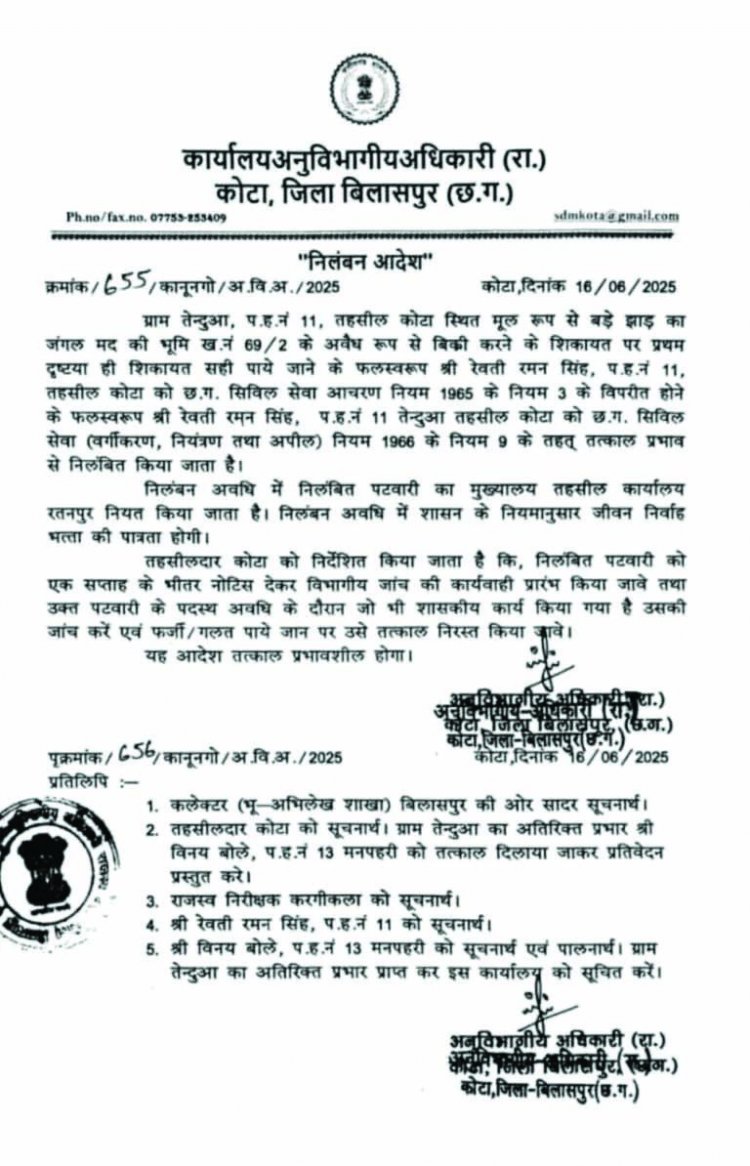 शासकीय भूमि को अवैध तरीके बेचने के मामले में पटवारी निलंबित