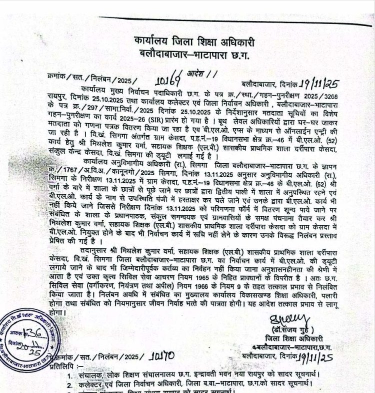 प्रधान पाठक और दो शिक्षक निलंबित, शराब पीकर स्कूल आने और ड्यूटी में लापरवाही का आरोप