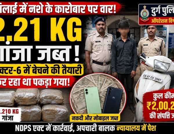 भिलाई में नशे के कारोबार पर वार: सेक्टर-6 में गांजा बेचने की तैयारी कर रहे अपचारी बालक से 2.21 किलो गांजा जब्त